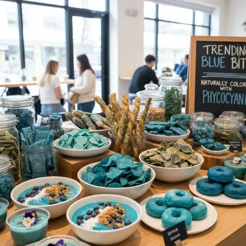 Trending snacks colored with phycocyanin