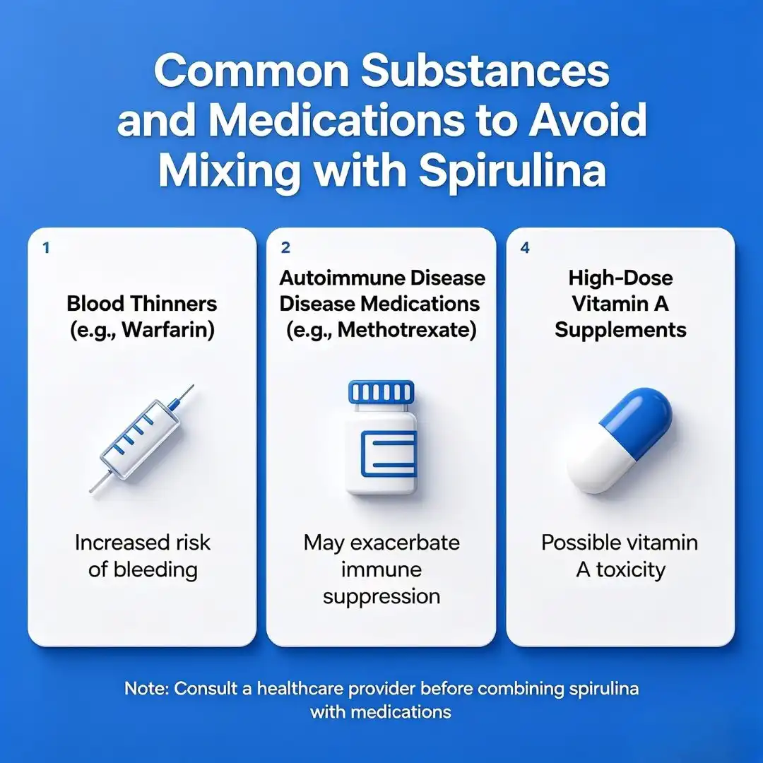 Common Substances and Medications to Avoid Mixing with Spirulina Common Substances and Medications to Avoid Mixing with Spirulina