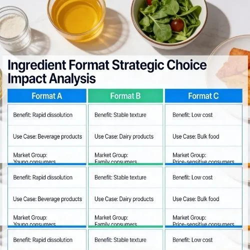 When product developers add this ingredient, they can do so in a number of different formats. Each has its own benefits for different uses and market groups. Strategic choice has a direct effect o When product developers add this ingredient, they can do so in a number of different formats. Each has its own benefits for different uses and market groups. Strategic choice has a direct effect o