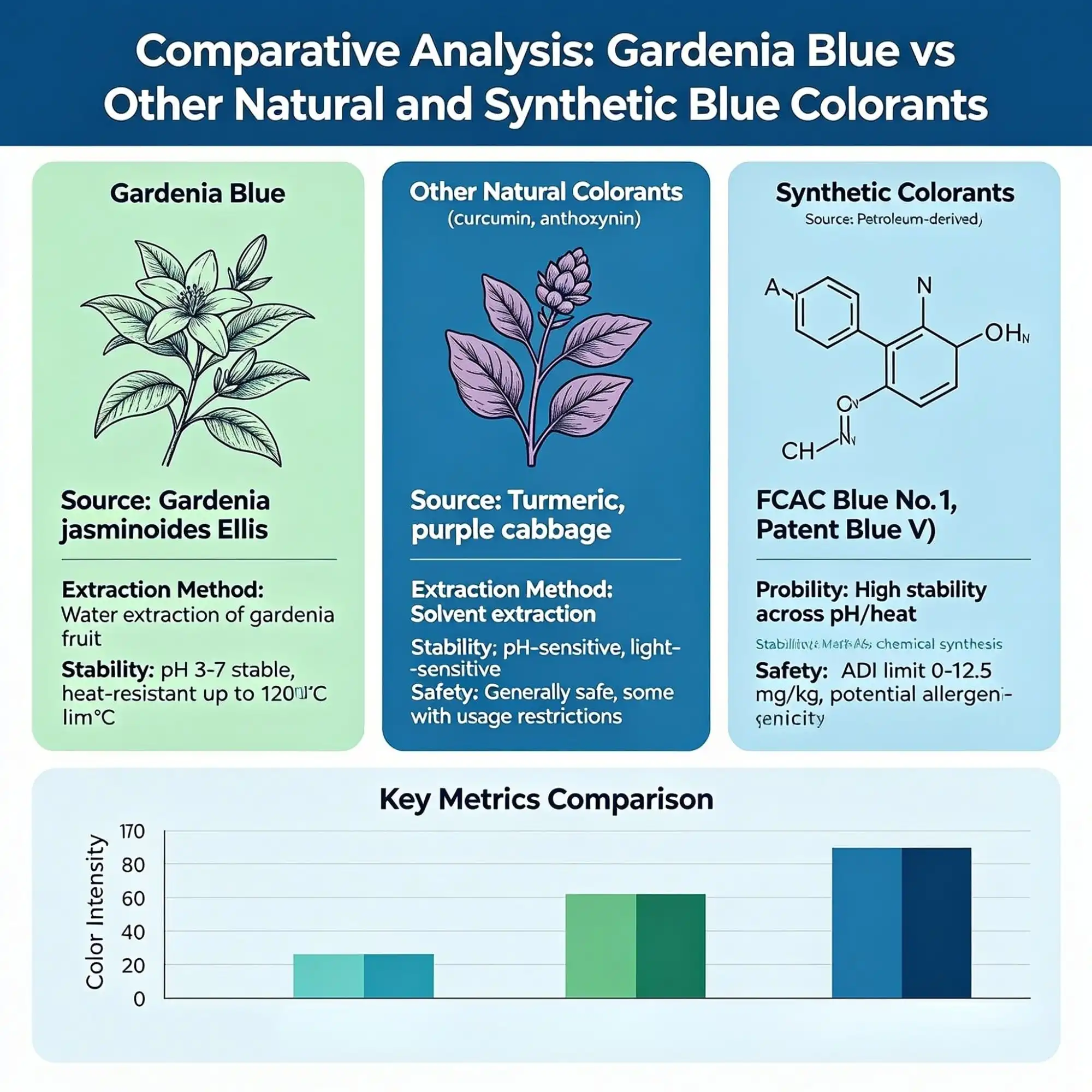 Comparative Analysis Gardenia Blue vs Other Natural and Synthetic Blue Colorants Comparative Analysis Gardenia Blue vs Other Natural and Synthetic Blue Colorants